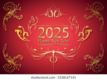 Happy New Year, Christmas and 2025 in gold on red
