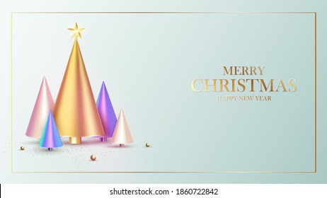 Happy New Year. Christmas background design, fir tree, decorative balls.Festive gift card, holiday poster, web banner, header for website. Vector illustration