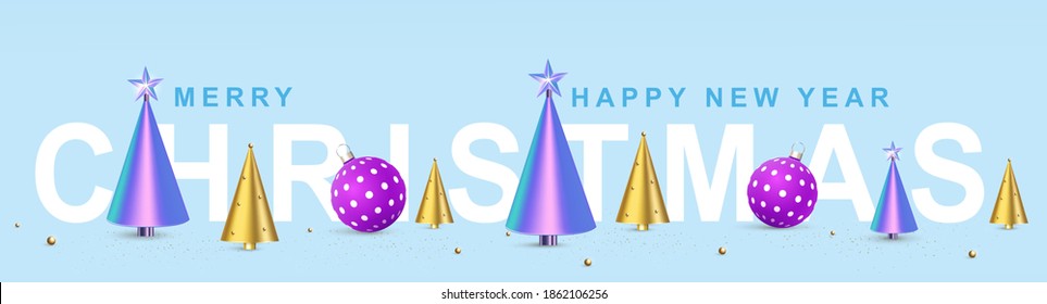 Happy New Year. Christmas background design, fir tree, decorative balls.Festive gift card, holiday poster, web banner, header for website. Vector illustration