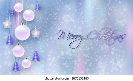 Happy New Year. Christmas background design with decorative balls with blurred background. Holiday gift card, holiday poster, web banner, header for website. Vector illustration
