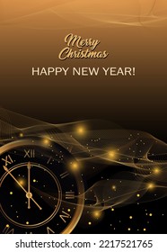 Happy New Year and Christmas background with golden clock. Xmas banner. Vector illustration.