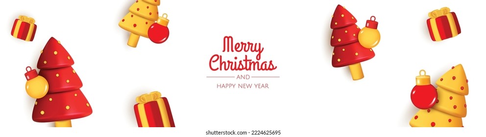 Happy New Year. Christmas background design, Christmas trees, decorative balls. Festive gift card, holiday poster, web banner, website header.