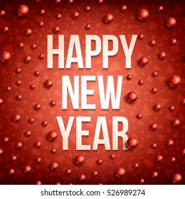 Happy New Year with christmas ball on red background. Christmas related ornaments objects on color background. Greeting Card Ready for your design. Vector Illustration.
