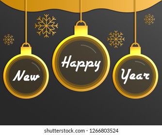 Happy new year, christmas balls and snowflakes, vector illustration on gray background