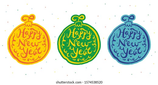 Happy New Year. Christmas balls with hand drawn lettering. Bright illustrations in vintage style. Design for patches and pins, postcards, coasters.