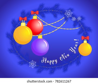 Happy New Year, christmas balls, snowflakes and greeting inscription on dark blue background