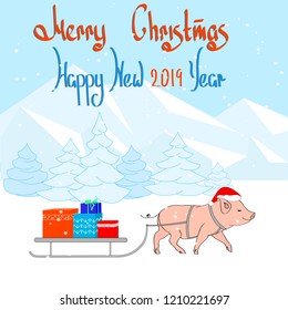 Happy New year! Christmas card. Pig and christmas gifts. For postcards, sales and other winter events. Winter landscape, mountains, trees and falling snow. Style comics, cartoons.