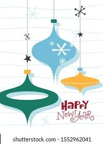 Happy New Year. Christmas card with three balls and snowflakes. Illustrations in mid-century style.