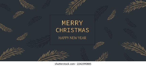 Happy New Year Christmas card, black-gold background. For greetings with festive decor. Premium
