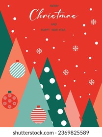 Happy New Year and Christmas card. Christmas celebration with geometric trees. New Year design for the design of cards, posters, banners.