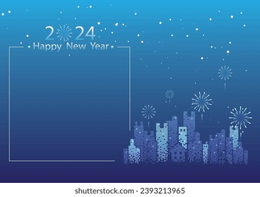 Happy new year and Christmas card. Number 2024 with light, falling snowfall, firework and frame on dark blue and white beautiful background. Vector illustration.