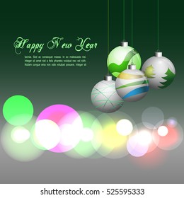 Happy new year christmas card, with balls on the bokeh effect background