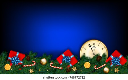 Happy New Year and Christmas card with clock, fir branches, gifts and candy cane on dark blue background. Vector illustration