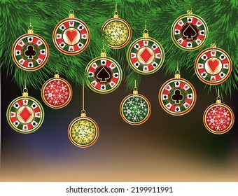 Happy New  year. Christmas Casino banner with poker chip, vector illustration