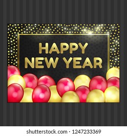 Happy New Year and Christmas celebration elegant card with gold and red balloon and confetti. Vector Illustration for holiday greeting card, invitation, poster. Party banner with air balloons