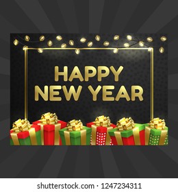 Happy New Year and Christmas celebration elegant card with gold and red balloon and flash garland. Vector Illustration for holiday greeting card, invitation, poster. Party banner with air balloons