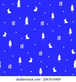 Happy new year and Christmas celebration seamless pattern with white rabbit silhouette,fir tree and gift boxes on blue background,print for wallpaper,cover design,packaging,holiday interior decor. 
