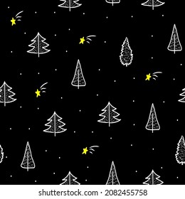 Happy new year and Christmas celebration seamless pattern with white stylized fir tree spruce on black background,simple hand drawn print for wallpaper,cover design,packaging,interior decor