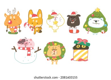 Happy New Year  and Christmas character design. Winter illustration with mittens, gift, snowflakes, deer, bell, Christmas sock,  Christmas tree.