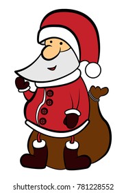 happy new year, christmas character, saint nicholas with big bag, Santa claus with gifts, vector image, flat design, cartoon character