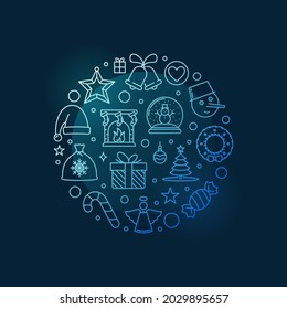 Happy New Year or Christmas circular vector outline blue illustration. Merry Xmas concept round creative banner