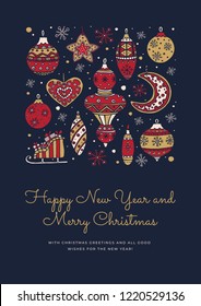Happy New Year and Christmas. Composition with a written holiday message for the New Year. Set of Christmas-tree decorations and snowflakes. Happy winter holidays. Vector design of seasonal badge.