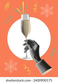 happy new year christmas concept template design with hand holding champagne glass snowflake halftone collage element on peach fuzz trendy background confetti shapes greeting poster card covers