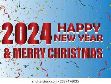 Happy New Year and Christmas day  banner design Vector illustration. Winter holiday poster, minimal geometric . 2024 numbers on blue green gradient background. new years post design for social media 