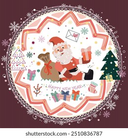 Happy new year and christmas elements, Santa and presents. Circle frame.