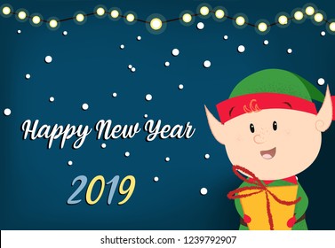 Happy New Year with christmas elf greeting poster design. Inscription with cartoon elf on background with snowflakes and garland. Can be used for postcards, invitations, greeting cards