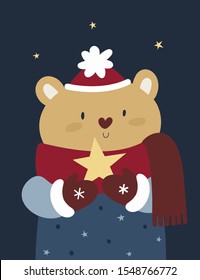 Happy New Year, Christmas festive holiday card with cute baby teddy bear with star on dark background. Illustration for print, poster, calendar, decoration, greeting card, souvenirs, textile