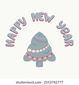Happy New Year, Christmas festive card. Hand drawn ink blob brush stroke line, doodle cartoon graphic style text lettering. Nordic monochrome color palette. White background. Vector illustration