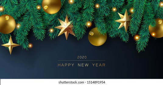 Happy New Year Christmas Gradient Background With Christmas Tree And Colorful Shiny Toys Balls. Winter Seasonal Traditional Xmas Party Banner Card. Green fir New year layout. Vector illustration.