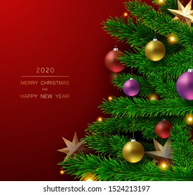 Happy New Year Christmas Gradient Red Background With Christmas Tree And Colorful Shiny Toys Balls. Winter Seasonal Traditional Xmas Party Banner Card. Green fir New year layout. Vector illustration.