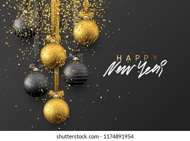 Happy New Year. Christmas greeting card, design of xmas balls with golden glitter confetti on dark background.