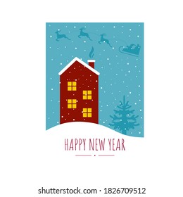 Happy new year and Christmas greeting card in A4 paper format. Snow house, fir tree and Santa Claus flying in a sleigh. Winter atmospheric and cozy illustration. Vector drawing for the holiday.