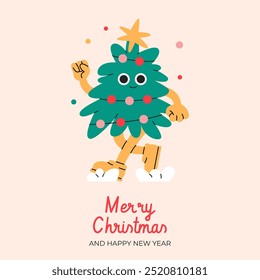 Happy New Year And Christmas Greeting Card. Cute Christmas tree character card. Flat Vector illustration.