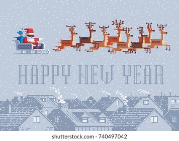 Happy new year. Christmas greeting card design. Santa in a sleigh flies across the sky in a reindeer harness. Winter town houses roofs. Pixel art style vector illustration.