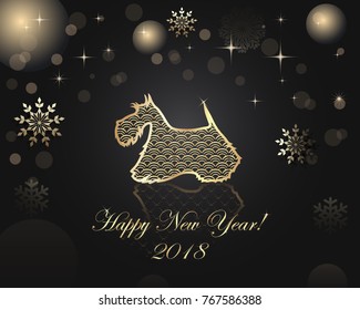 Happy New Year and Christmas greeting card. Vector illustration with the dog - a mascot of new year. Background for wallpapers, greetings card, flyers.