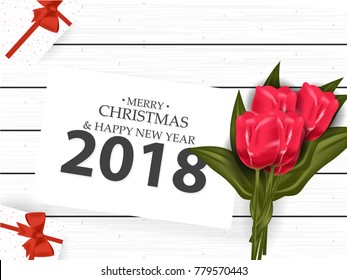 Happy New Year and Christmas Greeting Card Red Tulip Card and Gift Box on Wooden Table Top view with Illustrator