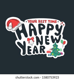 Happy New Year and Christmas hand drawn vector doodle collection. Lettering Happy New Year and Your best time. Cute hand drawn air balloons, presents, Christmas tree, bell, Santa Hat
