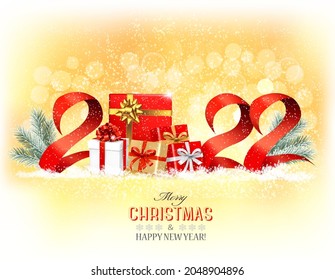 Happy New Year and Christmas holiday background with a 2022 and gift boxes and ribbons. Vector.