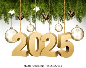 Feliz año Nuevo y marco de vacaciones de Navidades con ramas de guirnalda de árbol y números de 2025 y bolas transparentes. Vector.