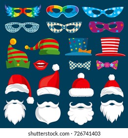 Happy New Year And Christmas Holiday Paper Photobooth Props Isolated Vector Set. Christmas Beard For Photobooth, Mask Costume Illustration