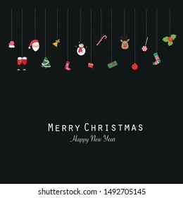 Happy new year and Christmas icon set. Santa Claus, pine tree, snow man, sock, candy, deer. Happy new year greeting card black background