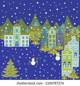 Happy new year. Christmas illustration on blue, green and yellow colors. Merry christmas card with house. Vector illustration.