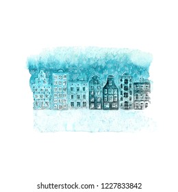 Happy New Year and Christmas illustration with winter watercolor hand drawn old european houses and snow on blue teal stain isolated on white background. Watercolour greeting card with space for text.