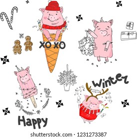 Happy New Year and Christmas illustration with pig and snowflakes, winter hats, Christmas wreath, garland, vector