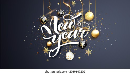Happy new year. Christmas illustration with fancy decorations, balls and confetti. Holyday decorative elements on dark background