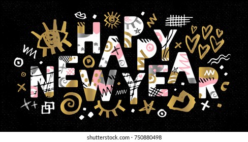 Happy New Year Christmas Lettering. Greeting card. Drawn vector elements. Black background. Gold silver pink black art. Hand drawn vector design.